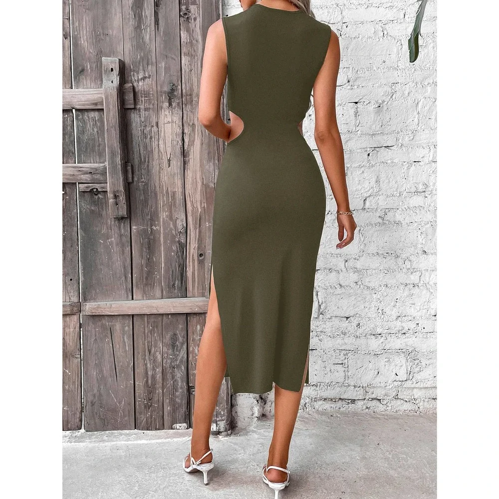 🌟 minimalist Cut Out Waist Twist Front Split Thigh Dress - Picture 9 of 11